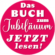 Runder roter Button mit Bewerbung des Jubiläum-Buchs